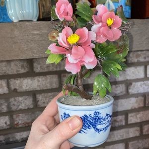 Vintage 6.5" Pink Blossom Flowers Bonsai Jade Glass Tree Asian Oriental Japanese